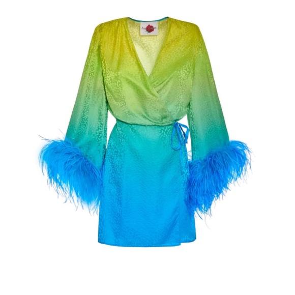 ART DEALER 100% Silk Green & Blue Feather Wrap Dress Robe Small S NWOT - Picture 2 of 9